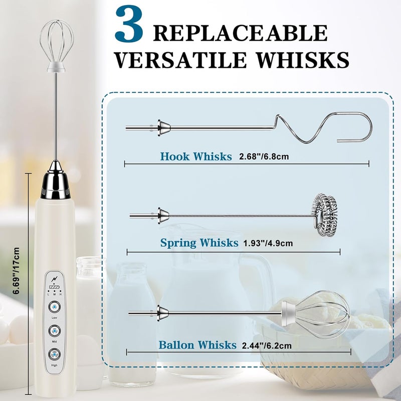 BSRGMS Milk Frother Handheld for Coffee, Electric Whisk 3 Speed Adjustable, Drink Mixer with Stainless 3 Whisks, Rechargeable Hand Frother Wand, for Latte Cappuccino Hot Chocolate Egg Beige - Image 2
